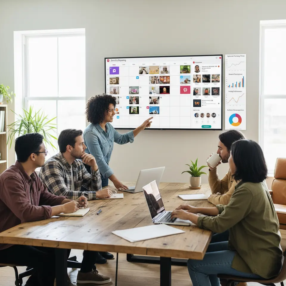 A drag-and-drop visual planner interface: a calendar grid showing colored image and video thumbnails for Instagram, Facebook, Twitter and Pinterest; alongside an Instagram feed preview, link-in-bio widget and sidebar charts for optimal posting times, hashtag performance and audience demographics