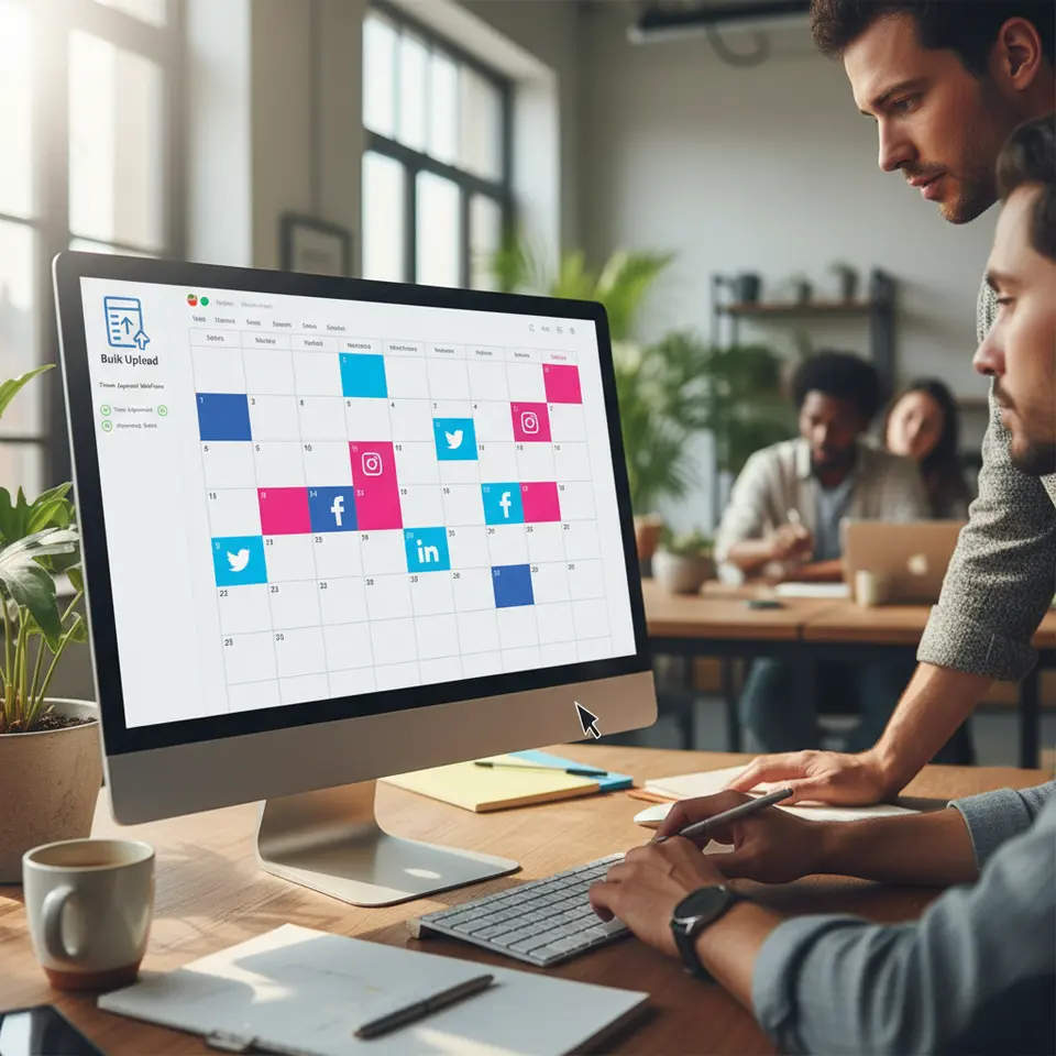 A vibrant social media scheduling dashboard showcasing a month-view calendar filled with color-coded posts for Facebook, Twitter, Instagram, and LinkedIn; includes drag-and-drop interface elements, a bulk upload spreadsheet icon, and team approval workflow annotations