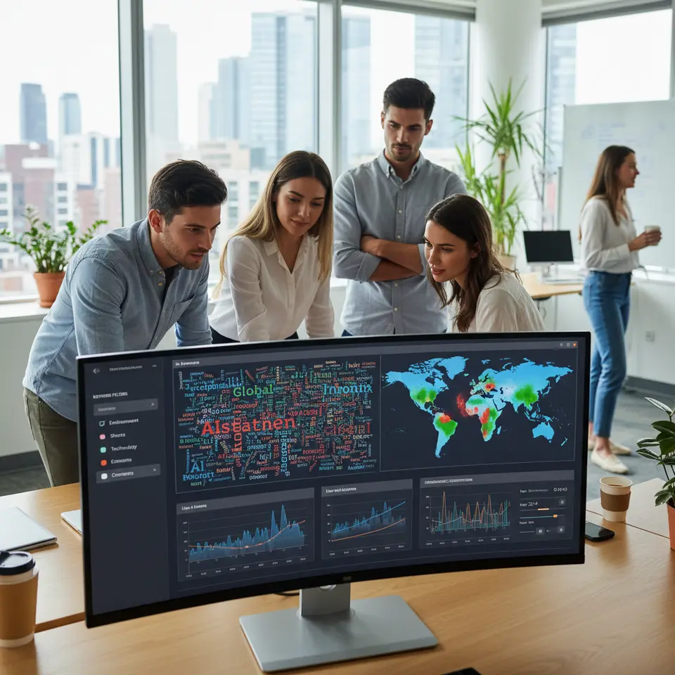 An advanced analytics platform interface displaying real-time social listening: interactive world map heat zones, sentiment analysis word clouds, and multi-line charts of likes, shares, and comments; with keyword filters and demographic segmentation panels visible