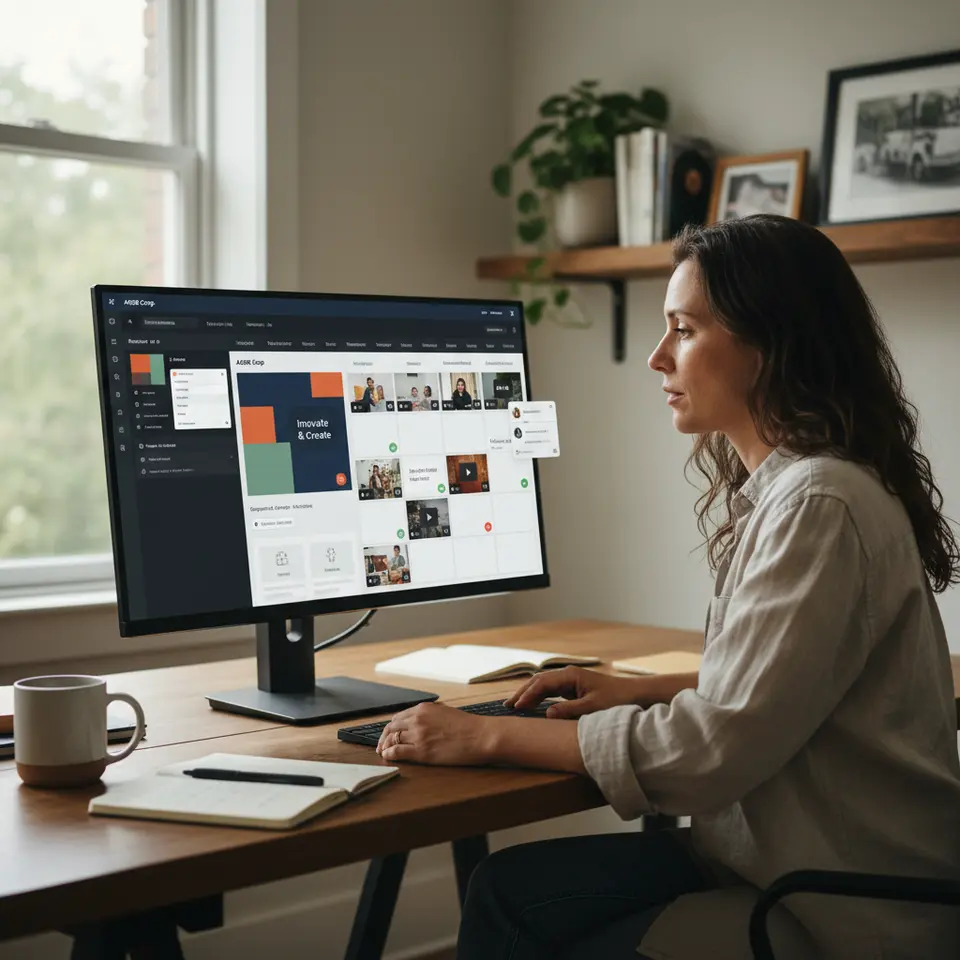 Content Creation and Scheduling Tools: A split-screen dashboard showing a drag-and-drop graphic editor with brand colors, logos and fonts on one side, alongside a calendar view populated with scheduled posts and AI-powered video preview thumbnails, complete with in-platform comments and approval checkmarks.