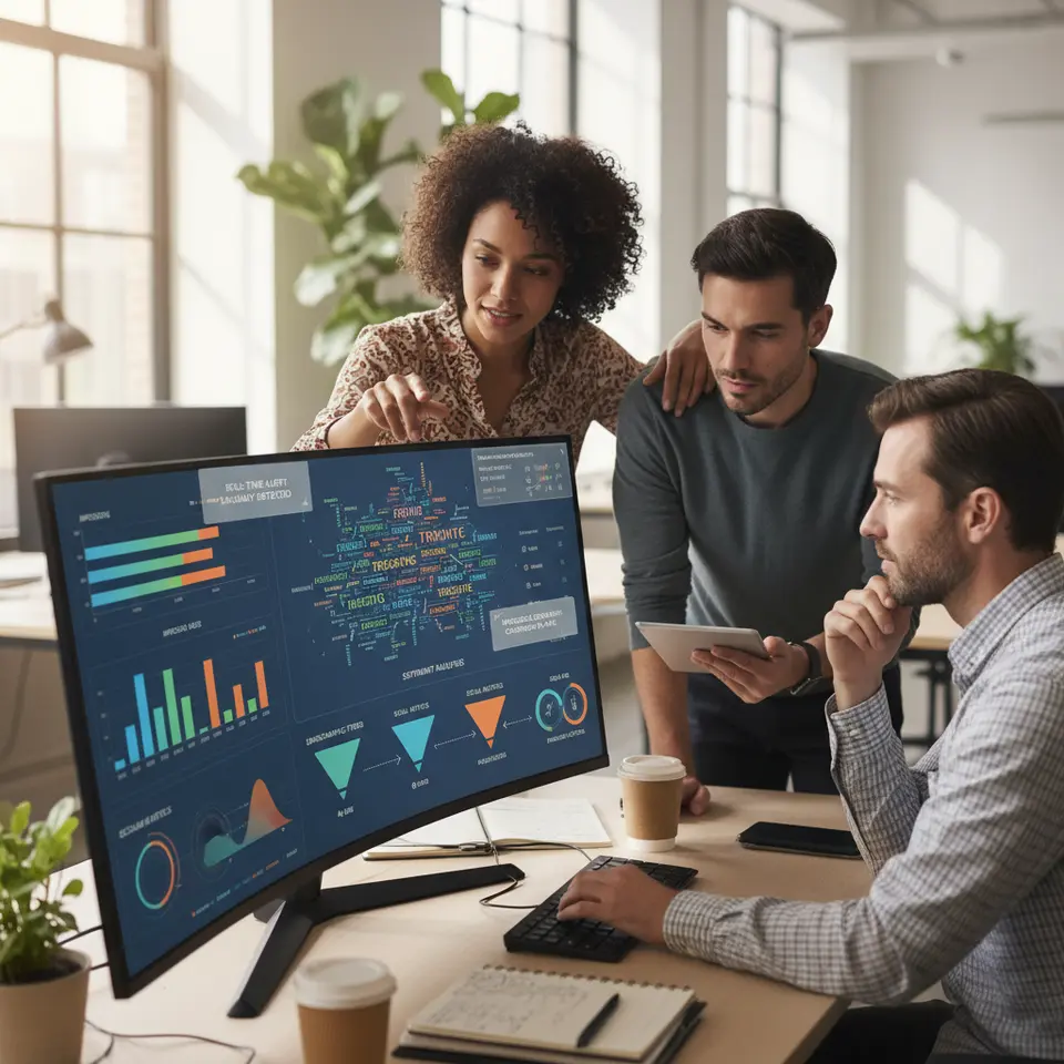 Analytics and Monitoring Strategies: A vibrant analytics console displaying colorful bar charts for impressions and click-through rates, a sentiment analysis word cloud, real-time alert notifications popping up, and demographic filters with funnel diagrams linking social metrics to final purchase actions.