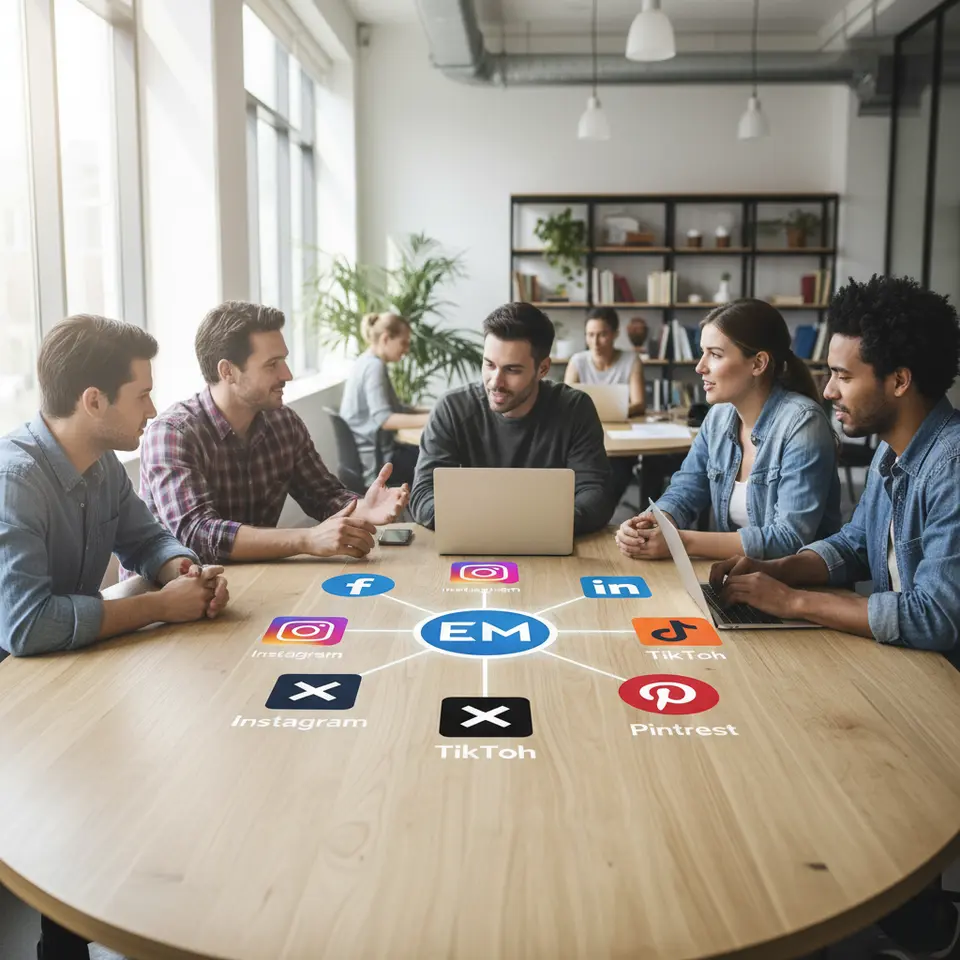 A vibrant collage showcasing the six core social platforms—Facebook, Instagram, LinkedIn, X (Twitter), TikTok, and Pinterest—arranged around a central brand avatar or logo, with each icon labeled and connected by thin lines to emphasize their role as foundational pillars of a social networking strategy.