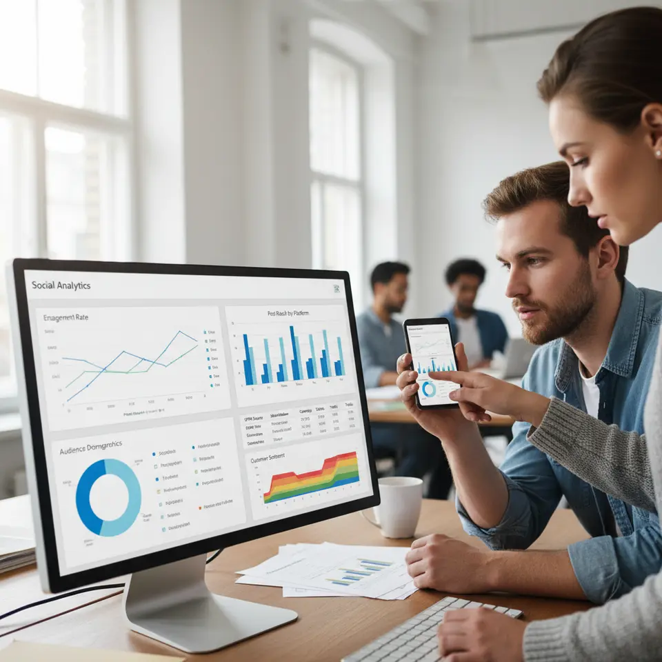 A multi-panel analytics dashboard on a desktop and mobile screen, featuring line graphs, bar charts, pie charts, UTM-tagged link traffic tables, and sentiment heat maps, visualizing key social media performance metrics and reporting insights.