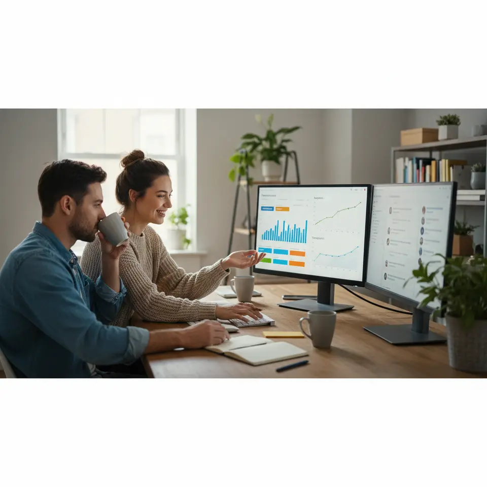 A multi-screen social media management dashboard: one screen displays a color-coded content calendar with scheduled posts, another shows analytics charts (bar graphs, line graphs) tracking impressions and engagement, and a third panel features a live social listening feed with comments and brand mentions.