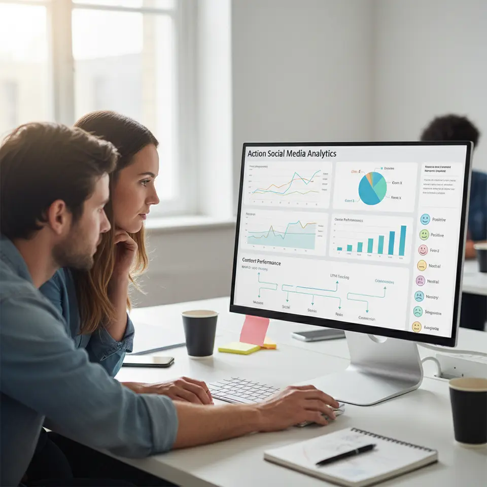 Actionable social media analytics dashboard on a sleek computer screen, showing colorful line charts of engagement over time, pie graphs of audience demographics, bar charts of content performance, UTM tracking flow arrows, and sentiment analysis icons